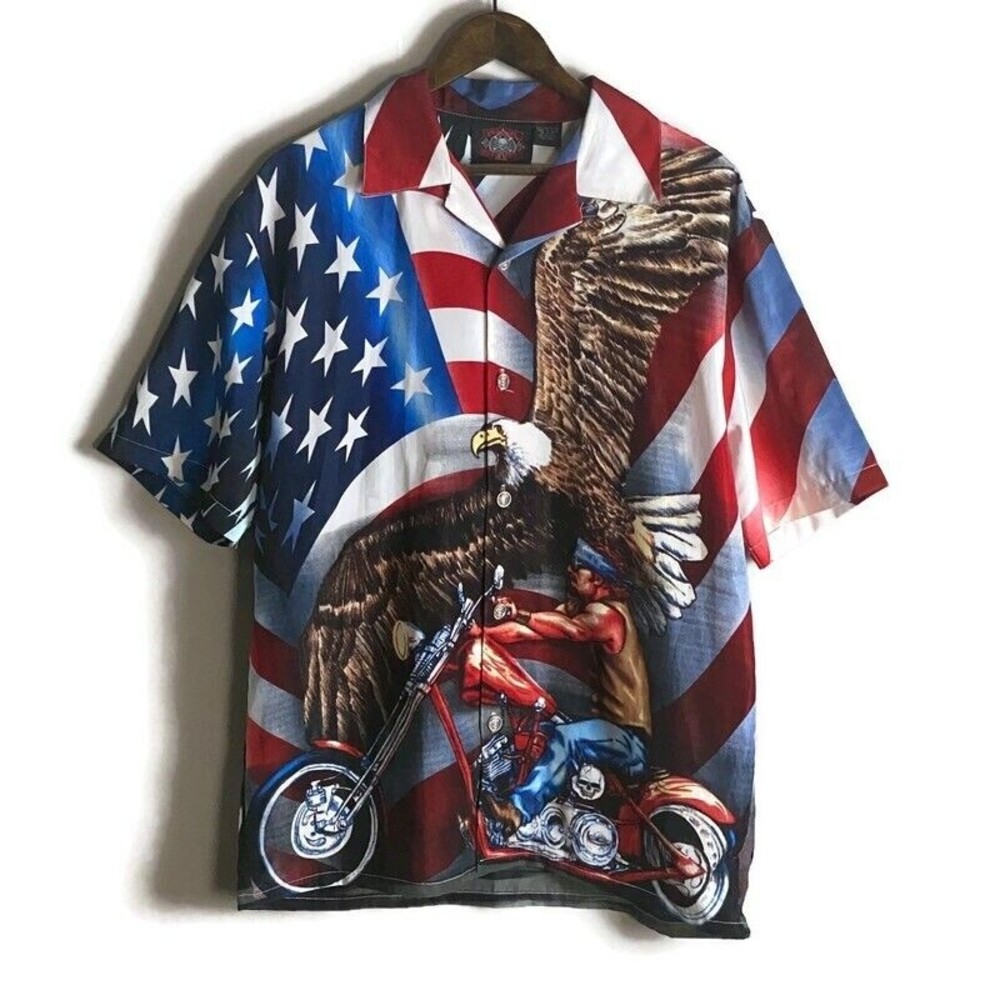 DRAGONFLY ROADHOUSE Mens Red Button Up Short Sleeve Shirt Size M Eagle USA Biker